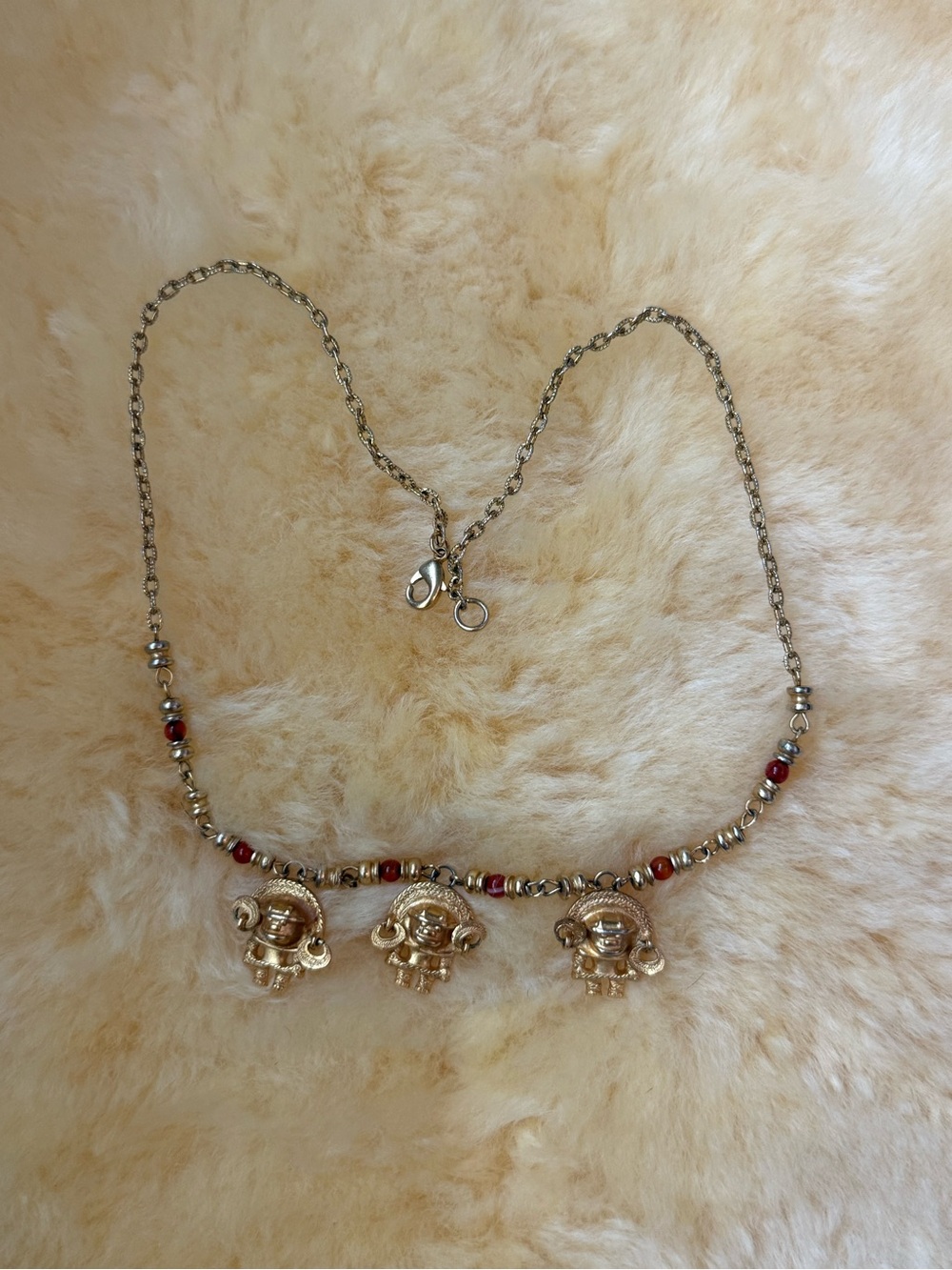 COLOMBIAN Gold-Tone Beaded Goddess Charm Necklace - Red Accents